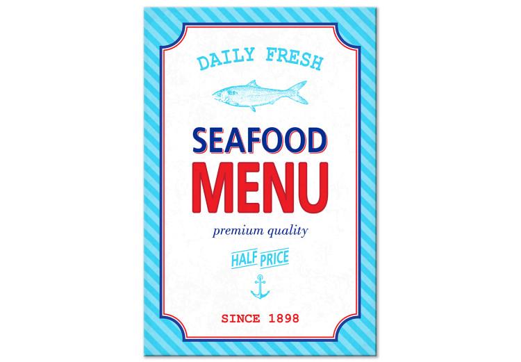 Canvas Seafood menu - Blue red inscription in English in a smart frame in retro style