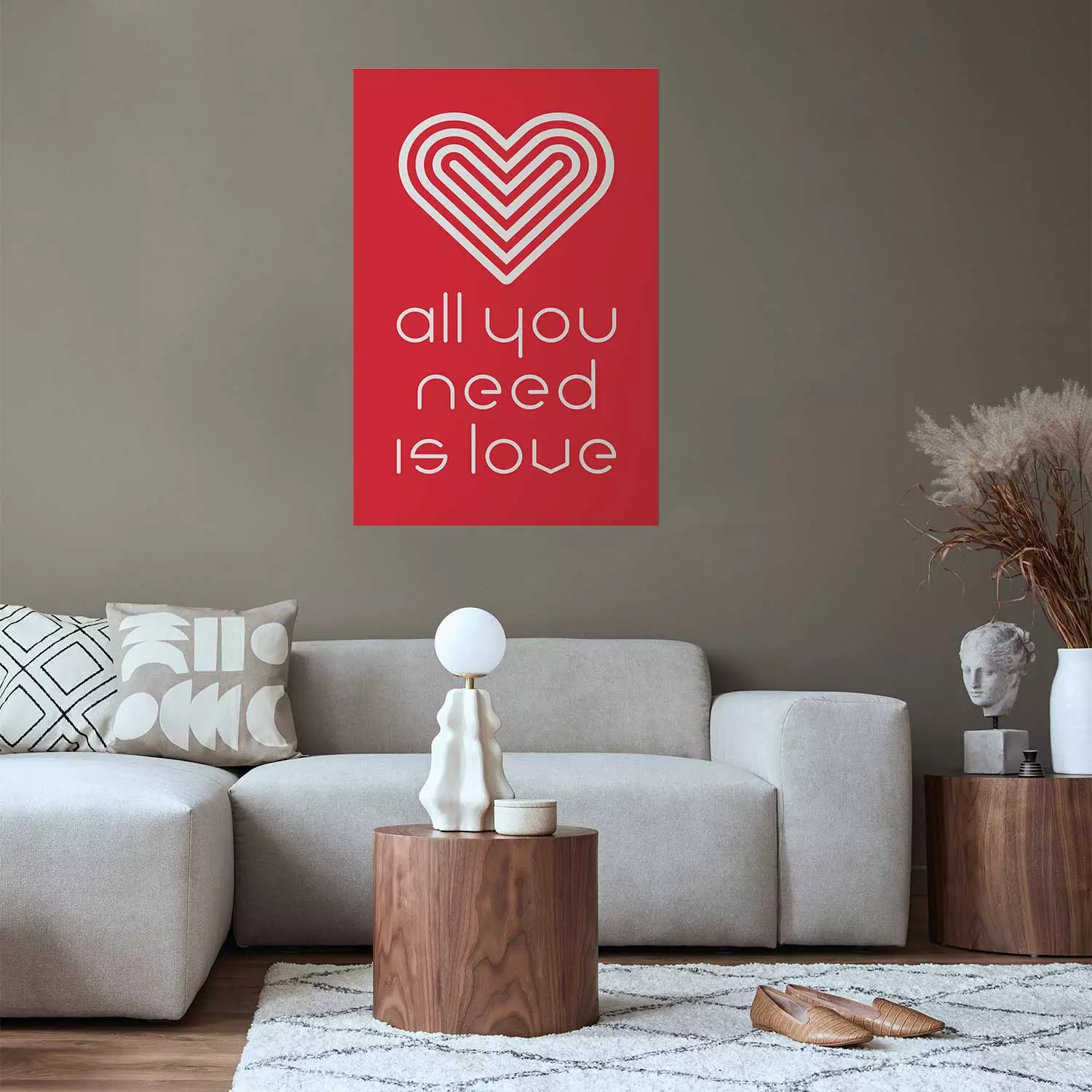 Poster Let's Love - striped heart and English captions on red background