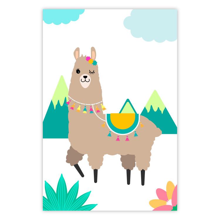 Poster Unusual Llama - colorful funny animal against green mountains and clouds backdrop