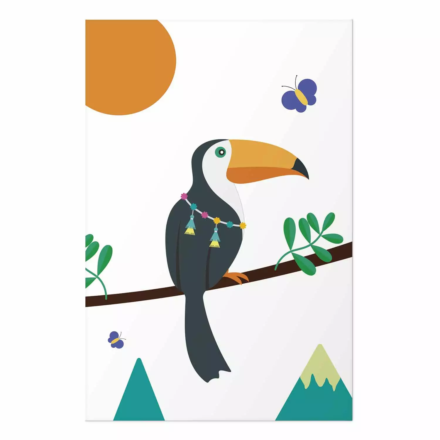 Wall Poster Toucan and Butterflies - amusing parrot with colorful necklace on white background