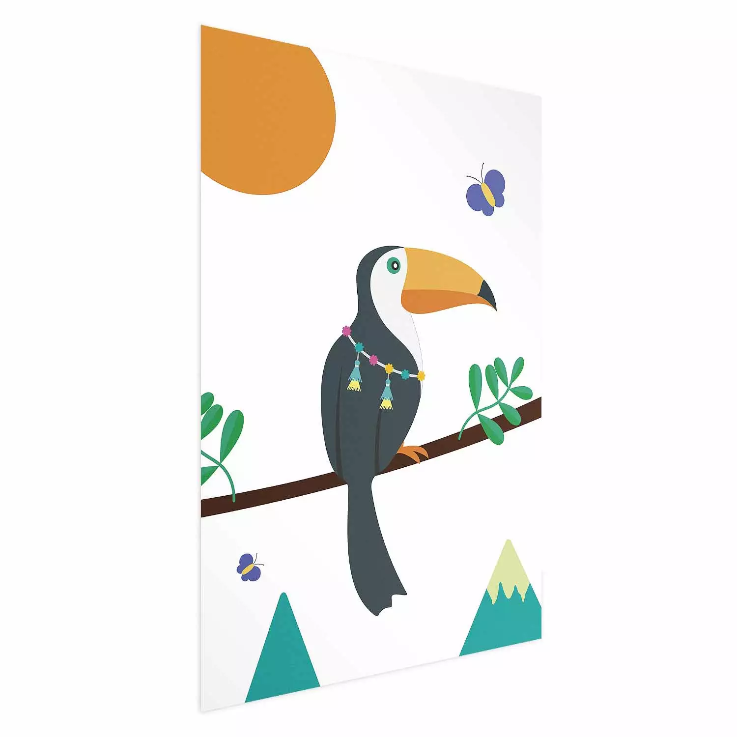 Wall Poster Toucan and Butterflies - amusing parrot with colorful necklace on white background