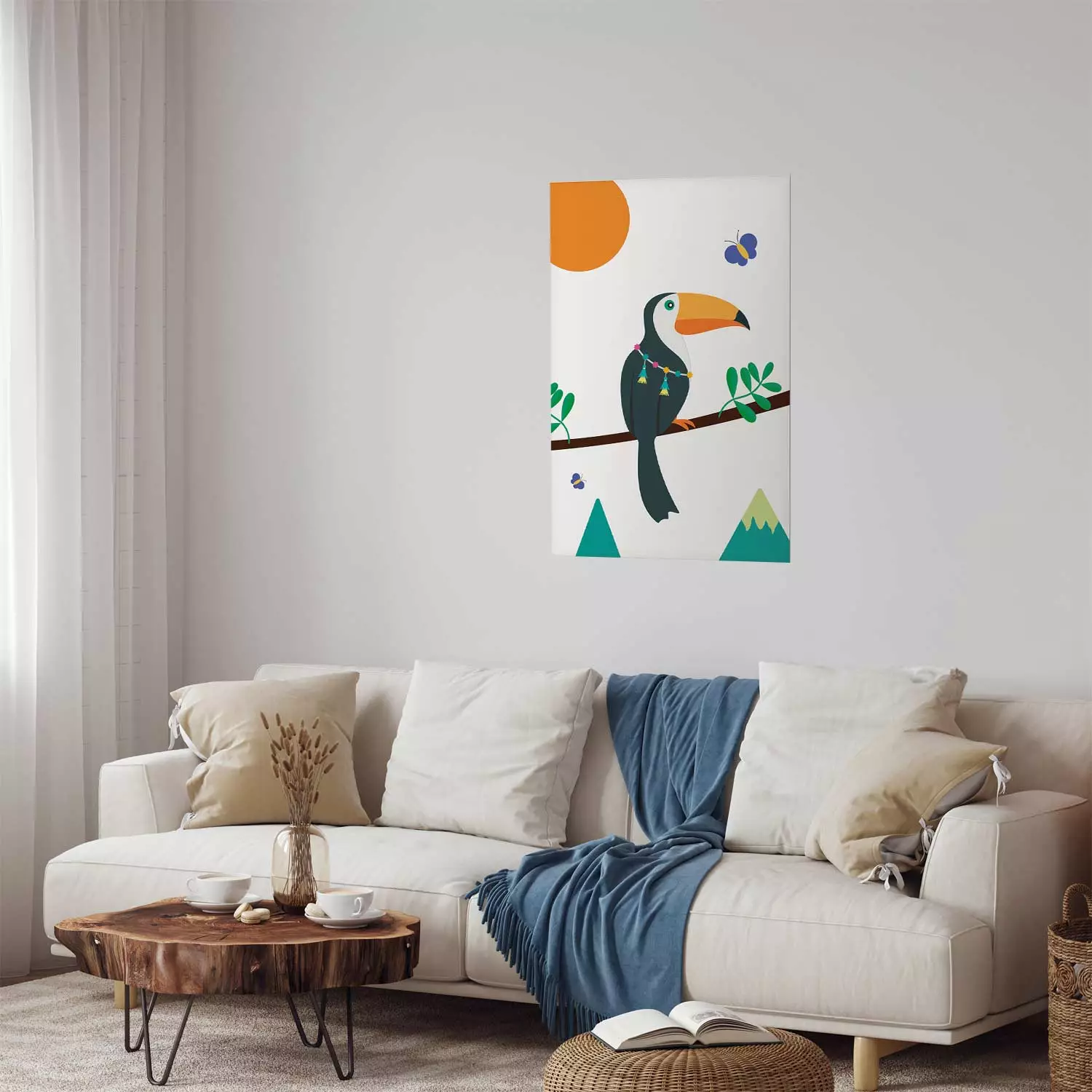 Wall Poster Toucan and Butterflies - amusing parrot with colorful necklace on white background