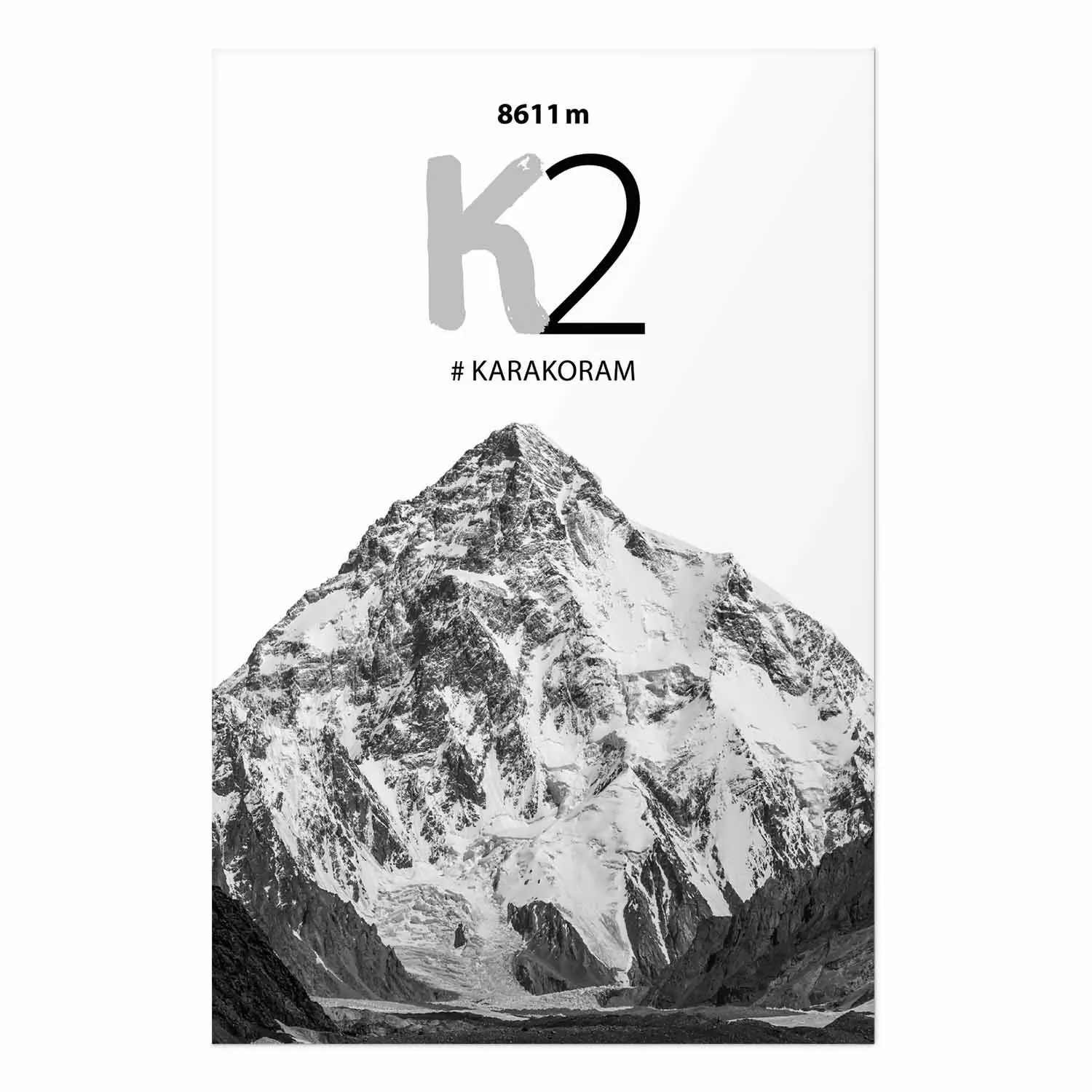 Poster K2 - English captions on black and white mountain landscape backdrop