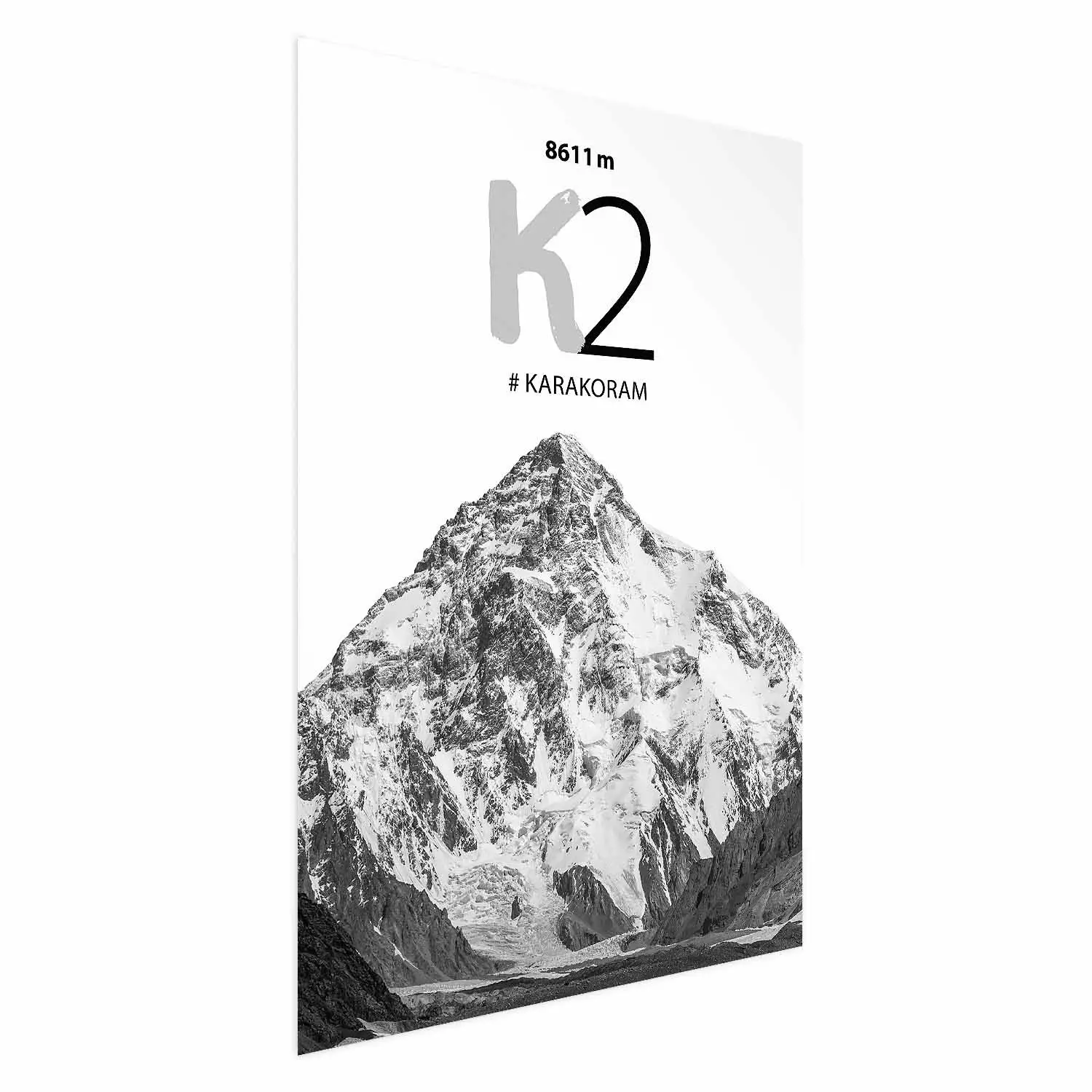 Poster K2 - English captions on black and white mountain landscape backdrop