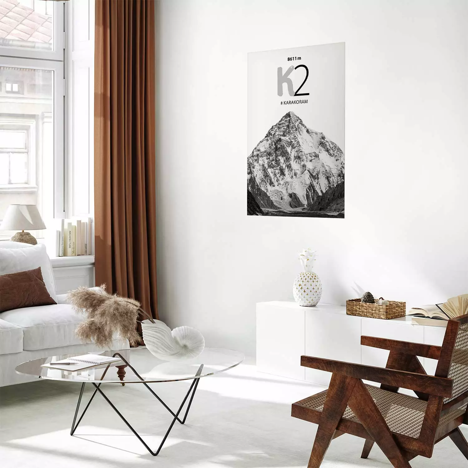 Poster K2 - English captions on black and white mountain landscape backdrop