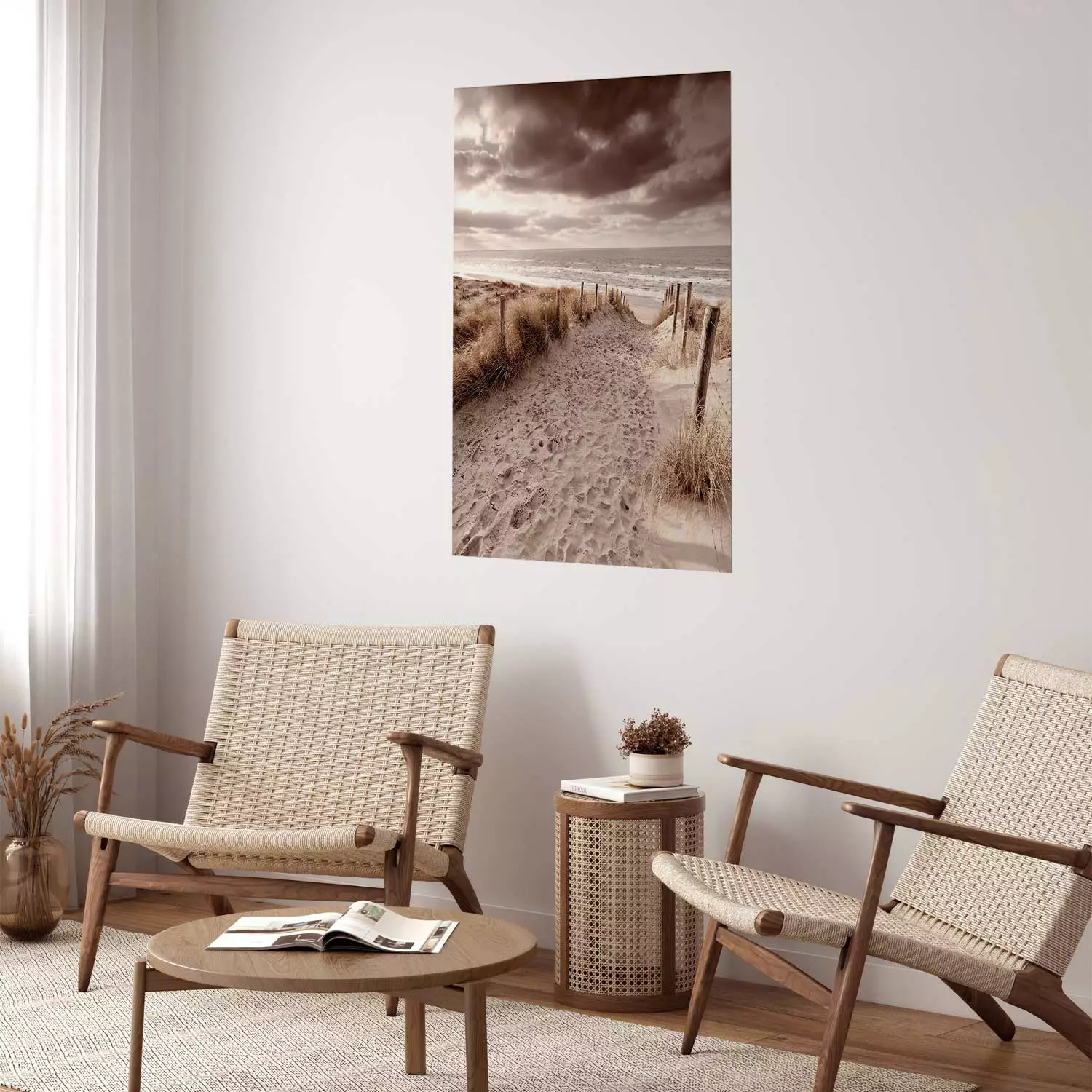 Wall Poster Distant Dune - seascape and beach against sky in sepia motif