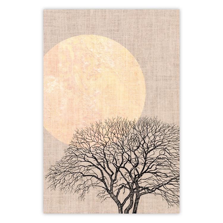 Poster Morning Full Moon - tree and yellow moon on fabric texture