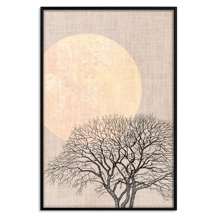 Poster Morning Full Moon - tree and yellow moon on fabric texture