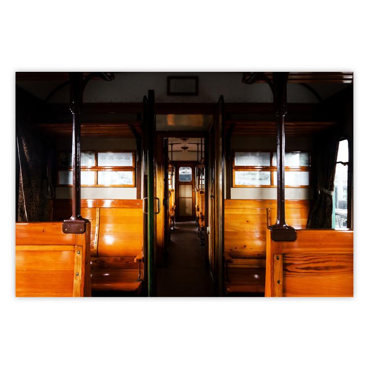 Poster Long Journey - train with wooden seats in vintage motif