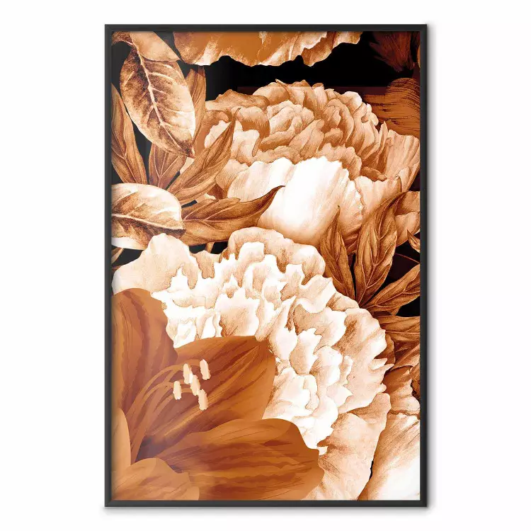 Lilies and Peonies - plant flowers and leaves in sepia motif on black background