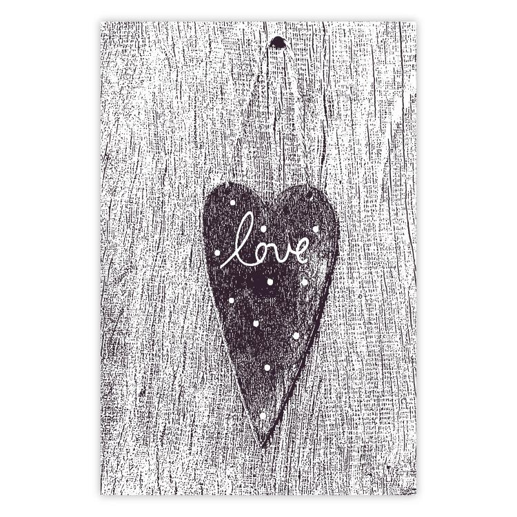 Poster Cutout Love - heart with "love" inscription on black and white wood texture