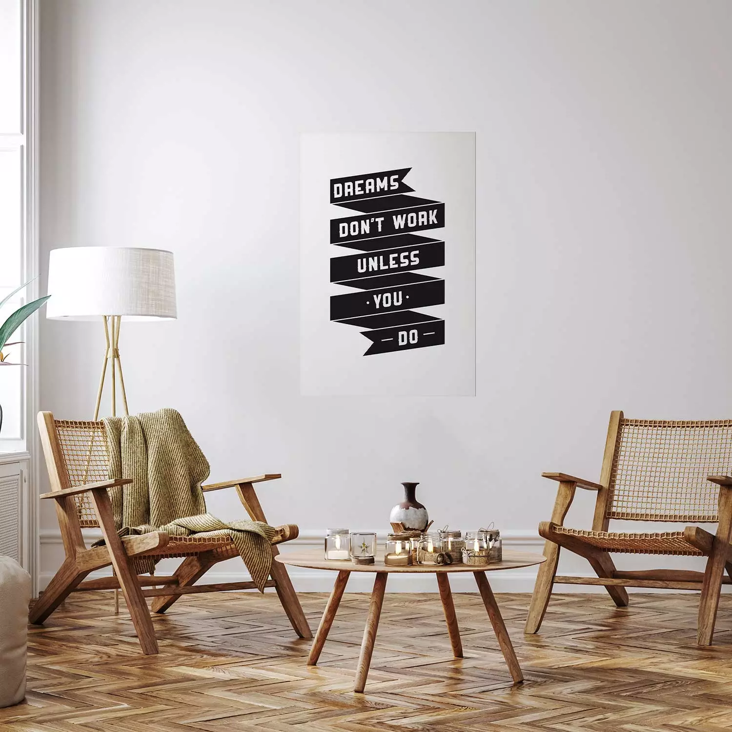 Poster Dreams don't work - black strip with English inscriptions on white background