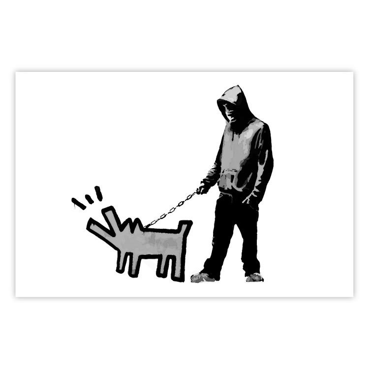 Poster Dog Art - black and white character holding a dog on leash in Banksy style