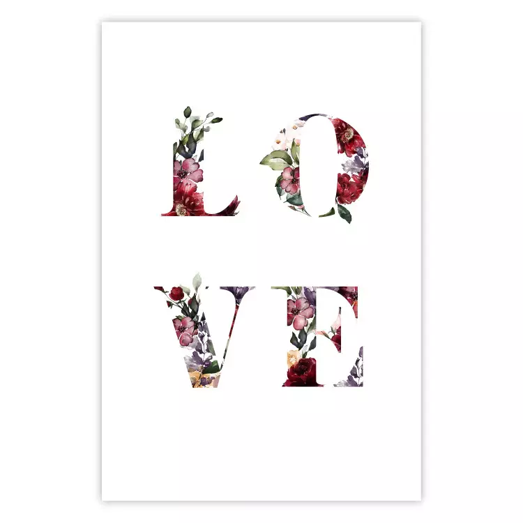 Poster Love in Flowers - text with colorful flowers in English inscription