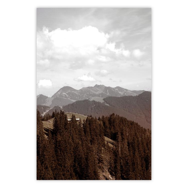 Poster Landscape - valley landscape with dense forest against mountains and cloudy sky