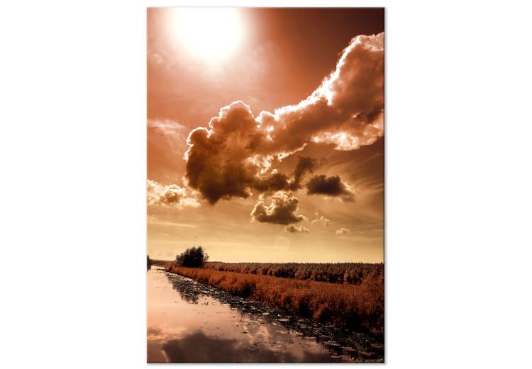 Canvas River in sepia - riverside landscape with sun and clouds background