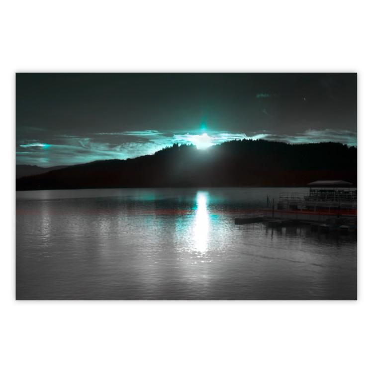 Poster January Night - lake landscape with blue moon in the sky