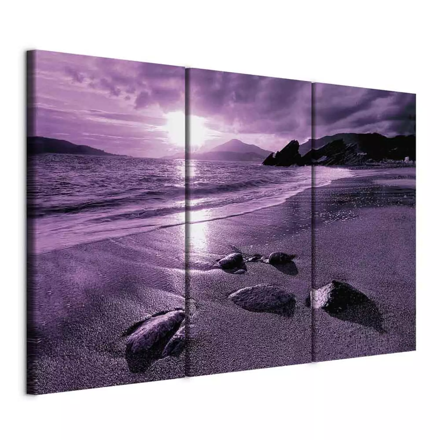 Canvas Art Print Purple sunset - triptych with beach, sea and mountains in background