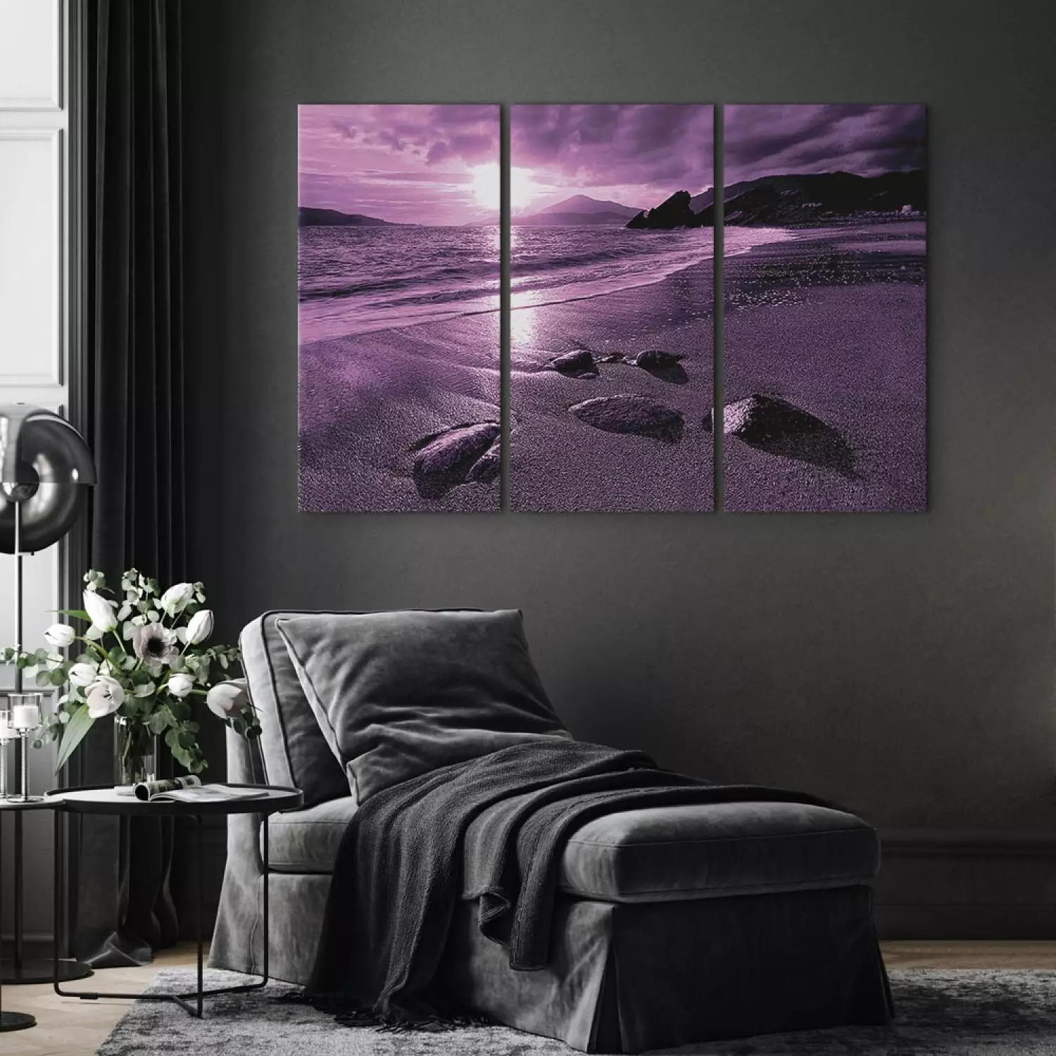 Canvas Art Print Purple sunset - triptych with beach, sea and mountains in background