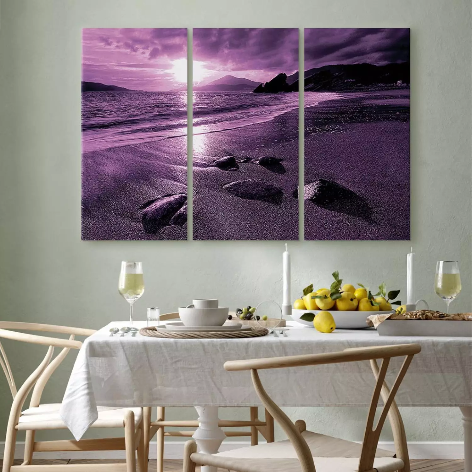 Canvas Art Print Purple sunset - triptych with beach, sea and mountains in background