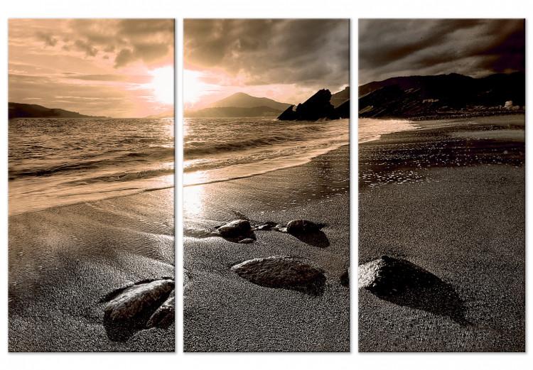 Canvas Sunset in sepia - sea landscape triptych with beach and mountains