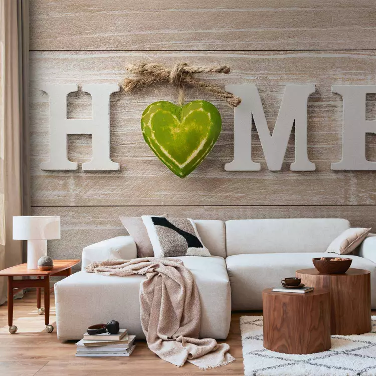 Wall Mural Home sign on a wooden wall - white English text with a heart