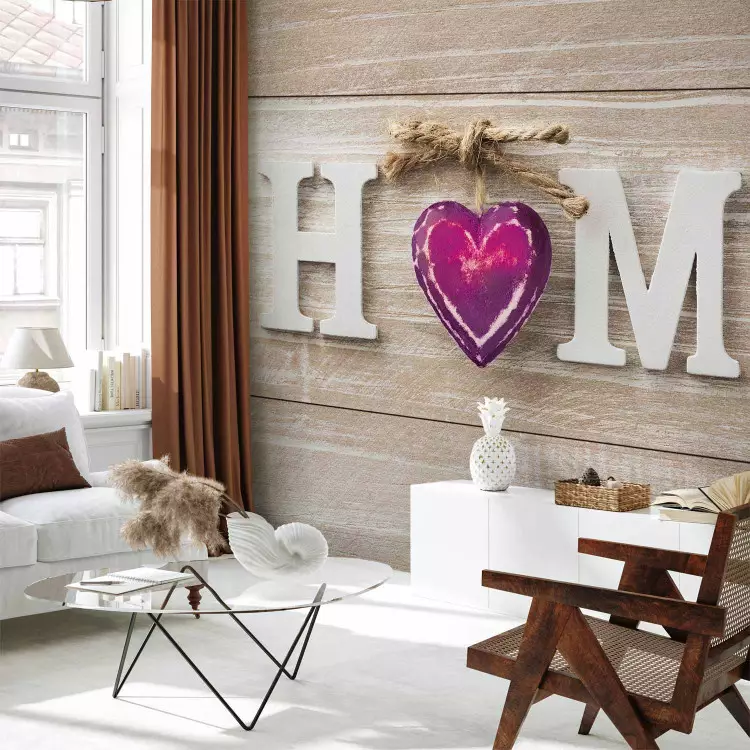 Wall Mural Heart of the house – ‘’Home’’ Inscription in English on a wooden background with a heart in one of the letters