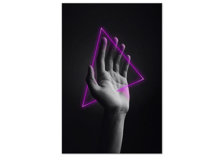 Canvas Triangle in hand - neon figure in the hand on black background