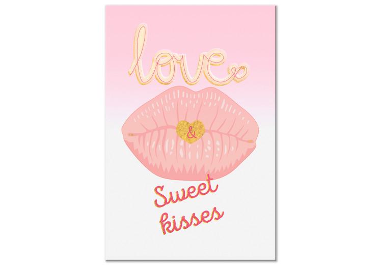 Canvas Sweet kiss - a typographic composition depicting the mouth and golden heart and love subtitles in English