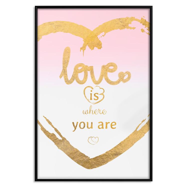 Poster Love Is Where You Are - golden heart and romantic English text