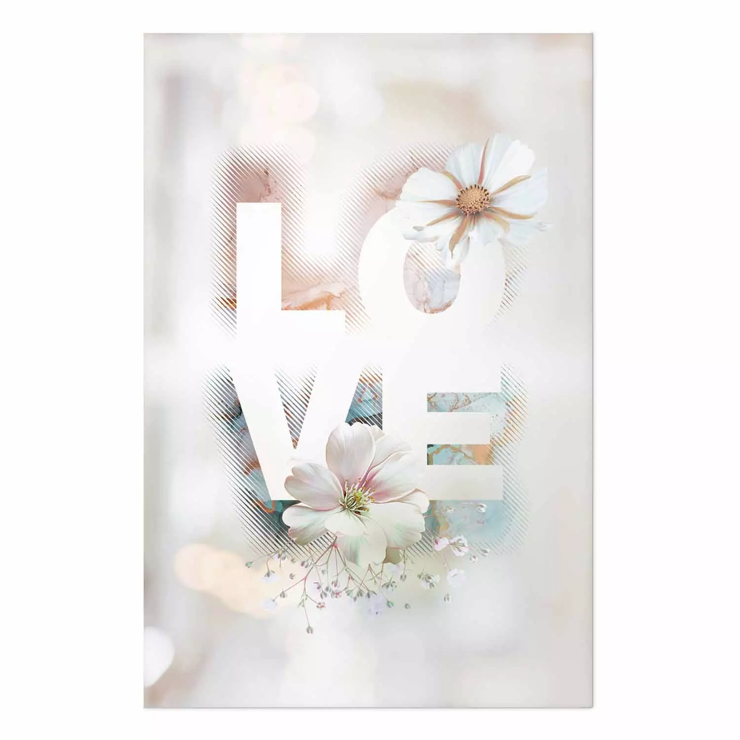 Wall Poster Colorful Love - English text with flowers on a blurred background