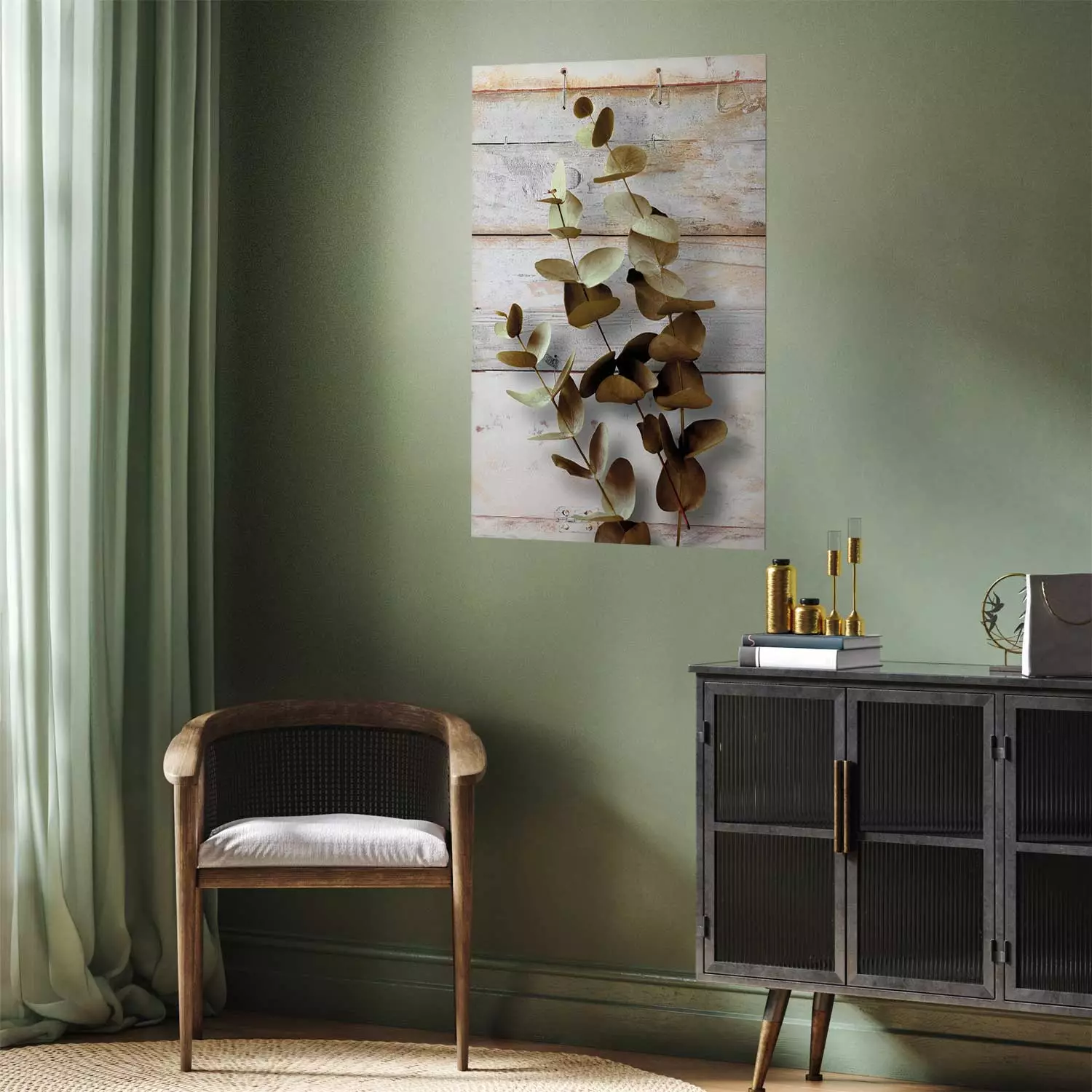 Wall Poster January Dawn - plant with brown leaves on a background of wooden planks