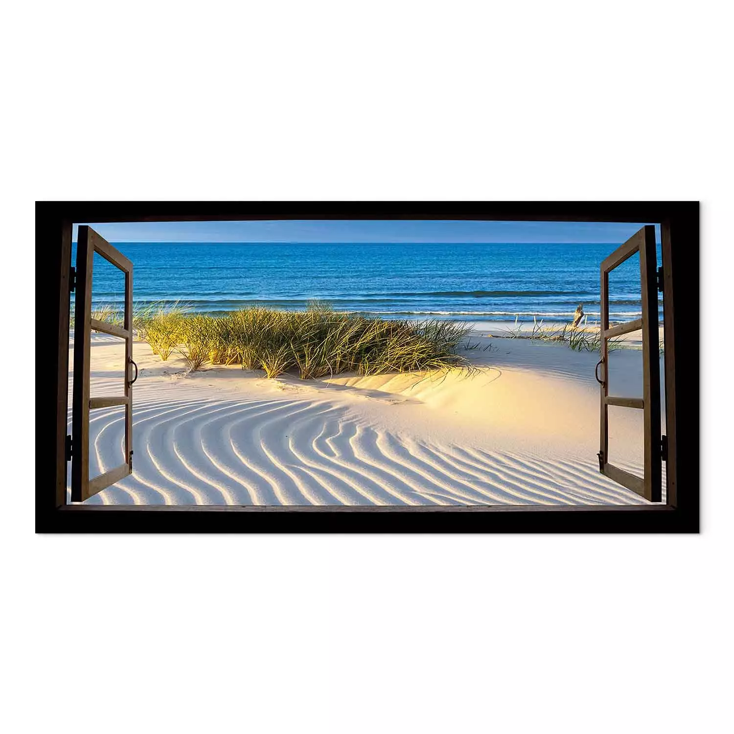 Large canvas print Northern Sea II - window view of a seascape with beach and grasses