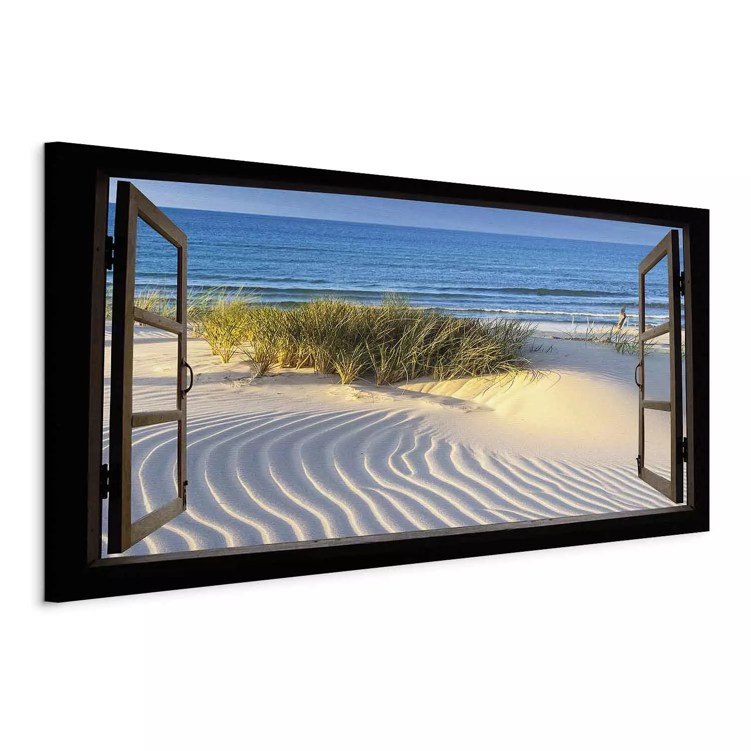 Large canvas print Northern Sea II - window view of a seascape with beach and grasses