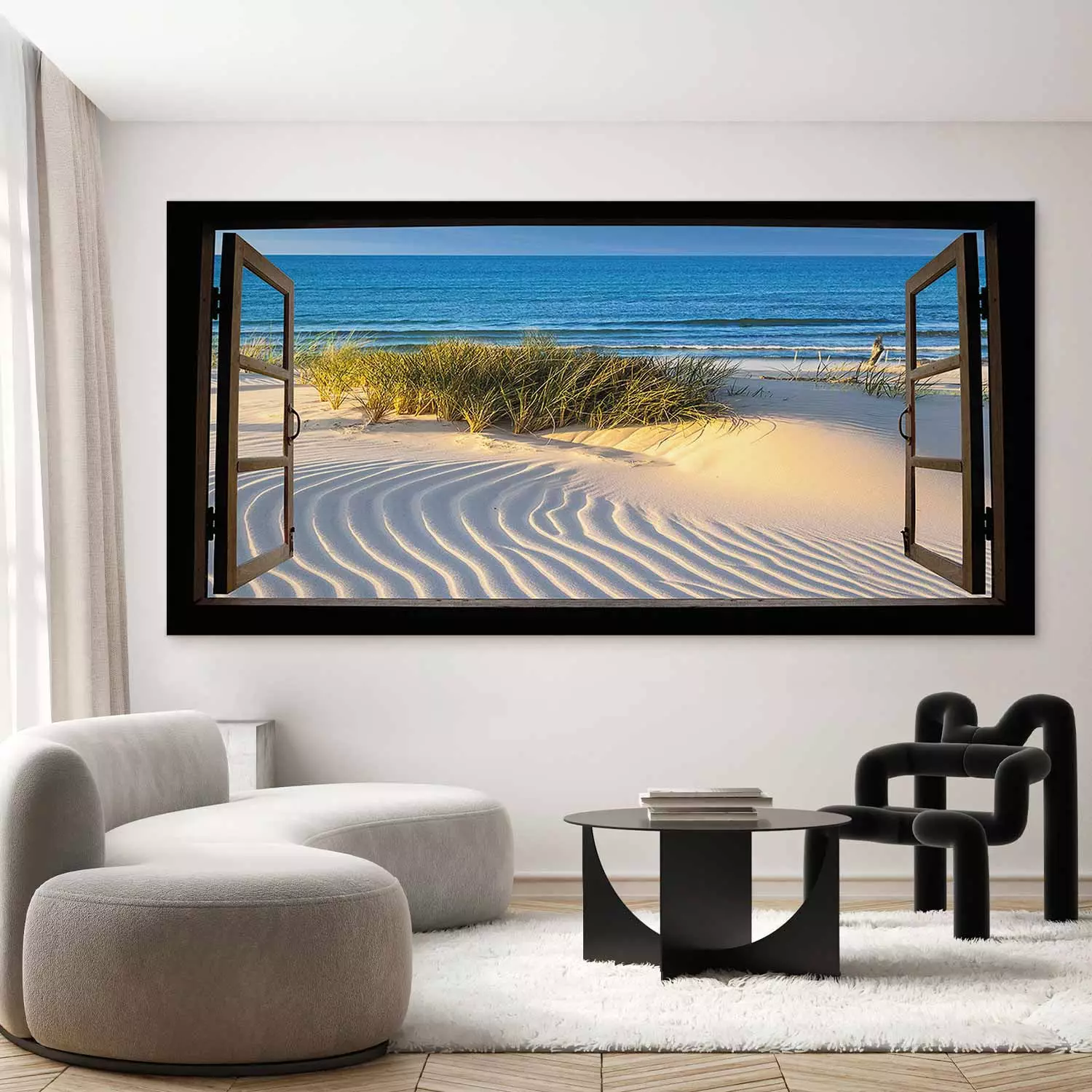 Large canvas print Northern Sea II - window view of a seascape with beach and grasses