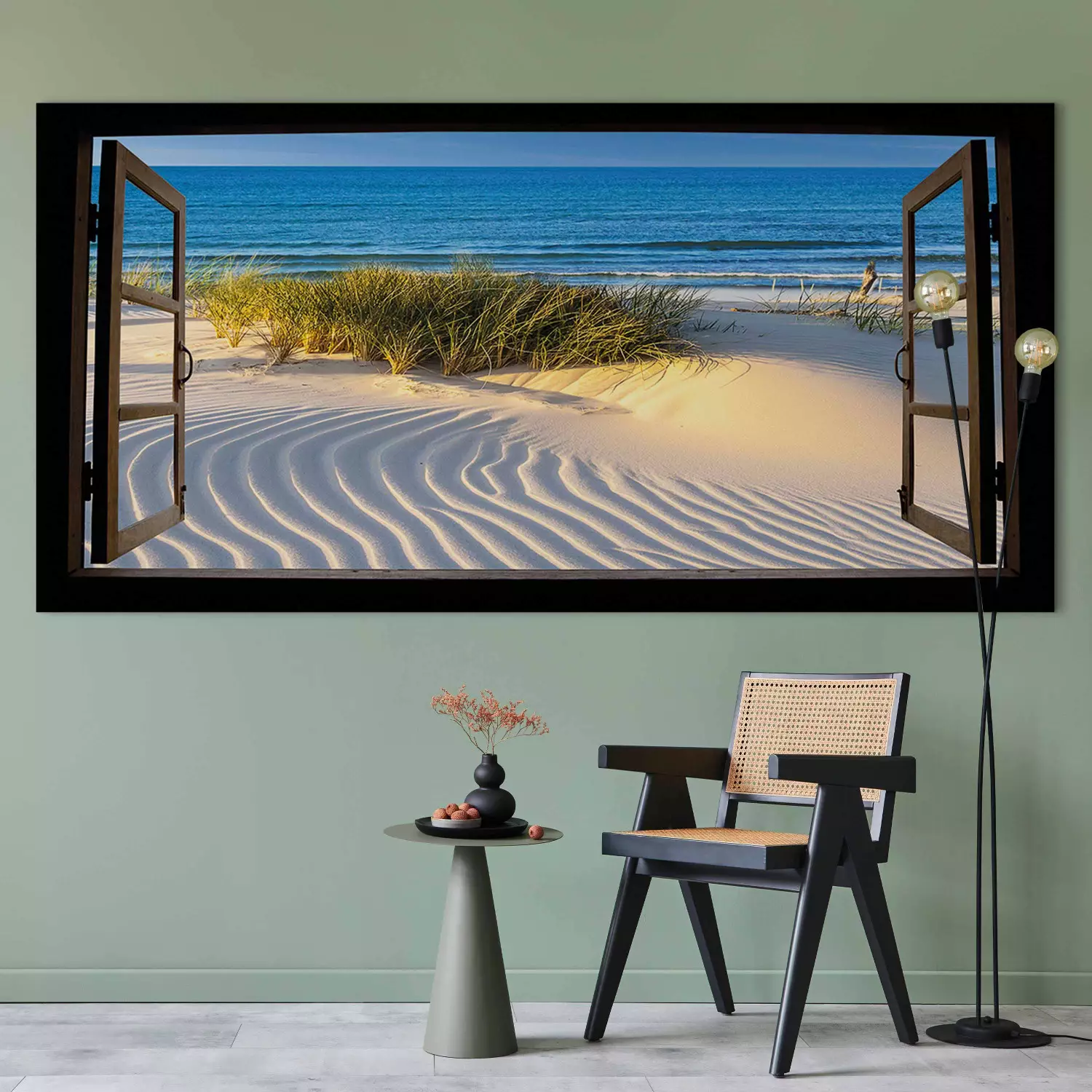 Large canvas print Northern Sea II - window view of a seascape with beach and grasses