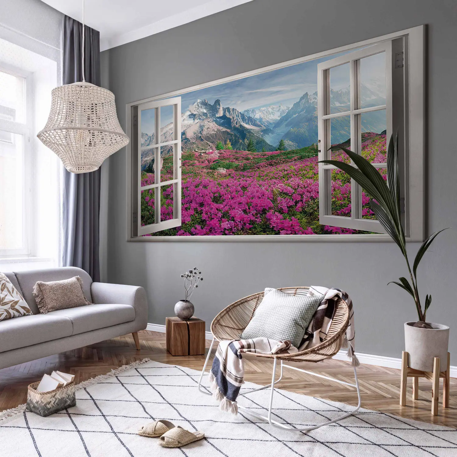 XXL canvas print Alpine Rhododendrons II - window view of a