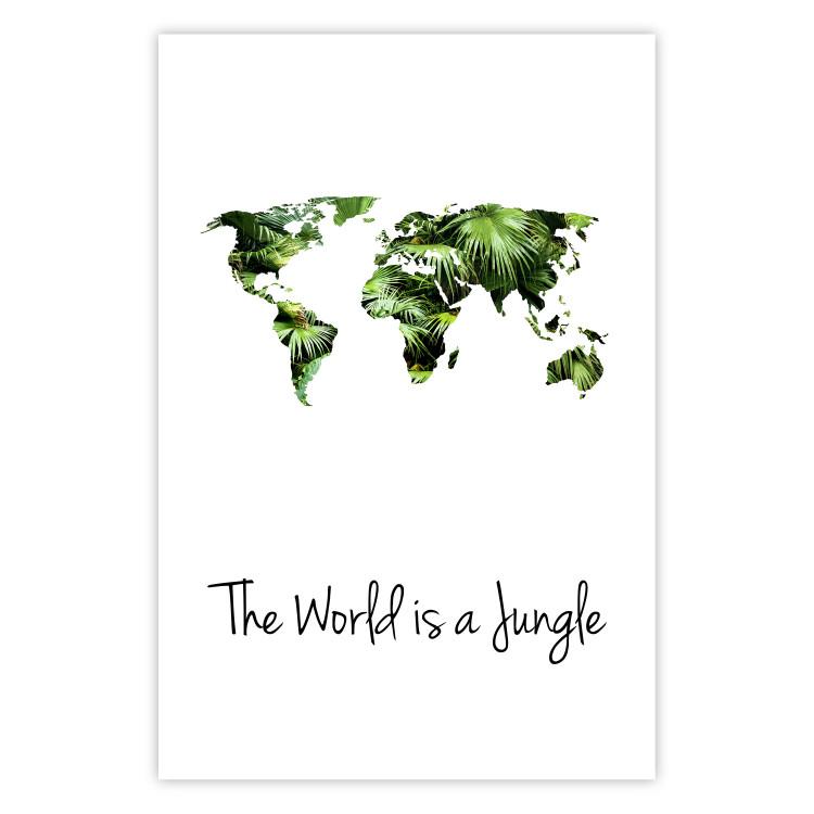Poster The World is a Jungle - text under a tropical world map on a white background