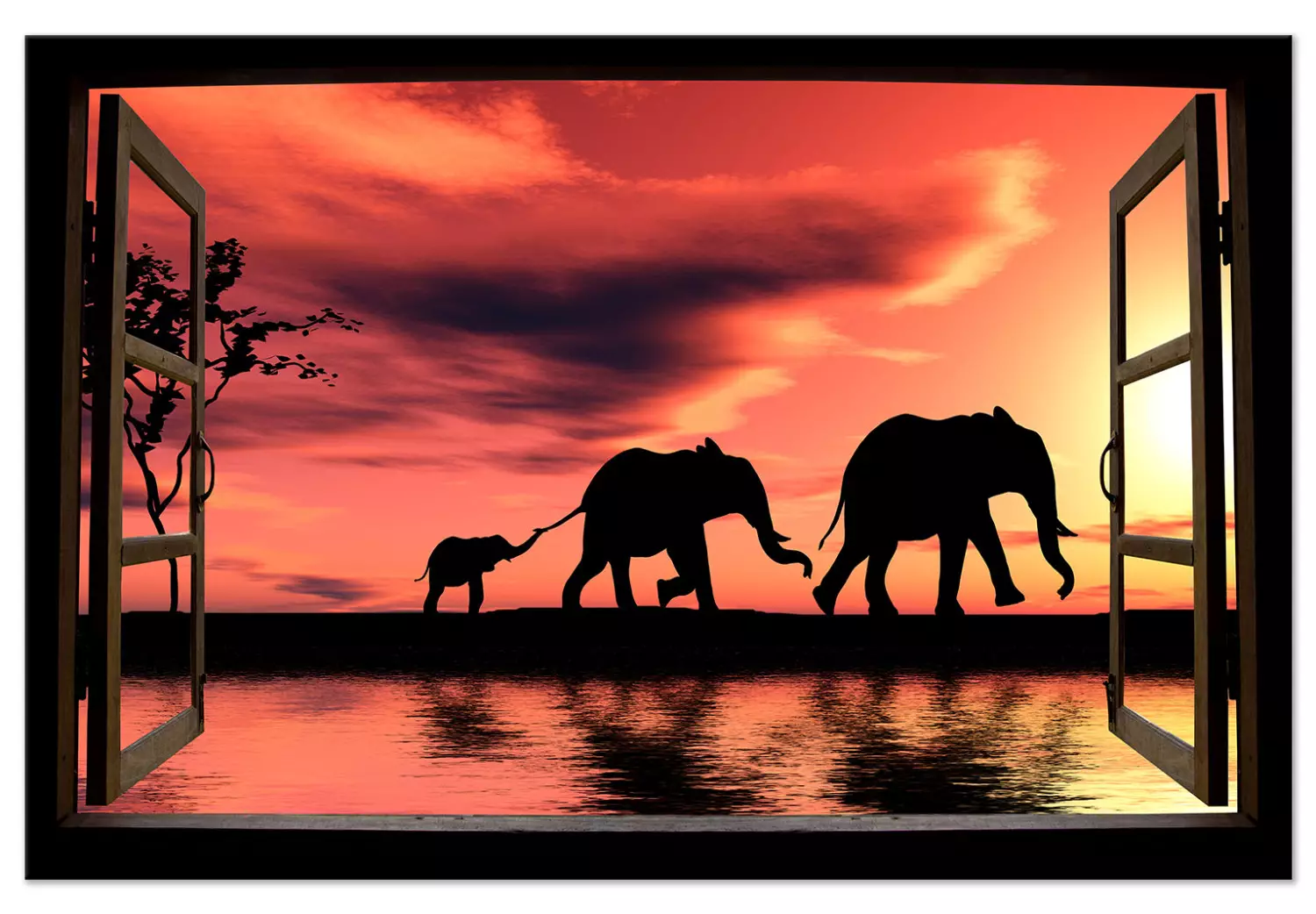 Large canvas print Evening Elephant Walk - window view of a savanna landscape with a family of elephants in red sky hues