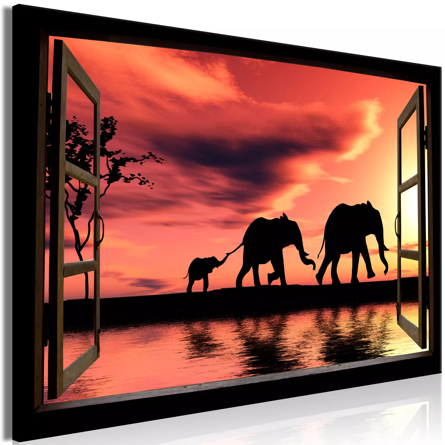 Large canvas print Evening Elephant Walk - window view of a savanna landscape with a family of elephants in red sky hues