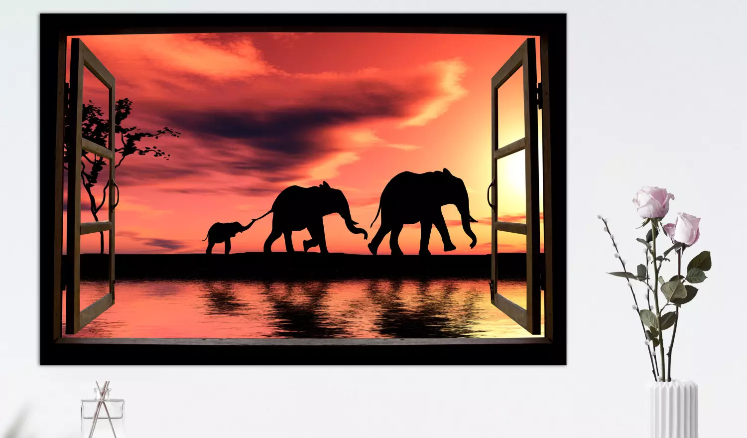 Large canvas print Evening Elephant Walk - window view of a savanna landscape with a family of elephants in red sky hues