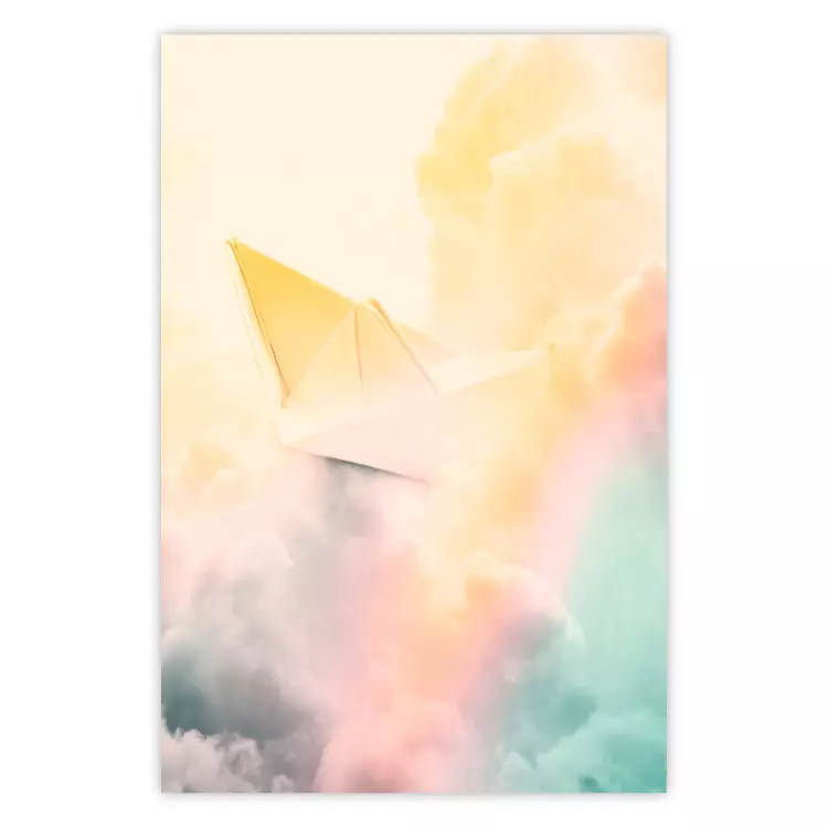 Poster Origami - paper boat in cloud of clouds in a colorful rainbow motif
