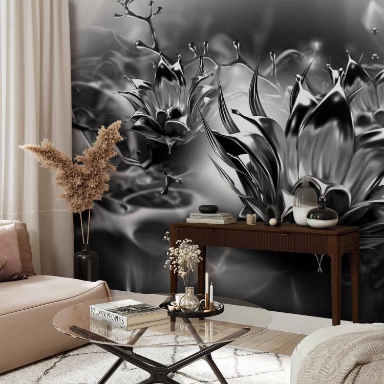 Wall Mural Oil flower black and white - floral abstraction with fluid motif