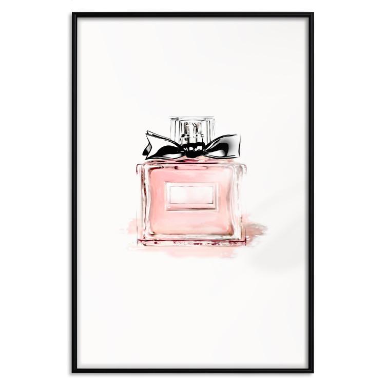 Poster Perfume - pink bottle with a black ribbon on a subtly pastel background