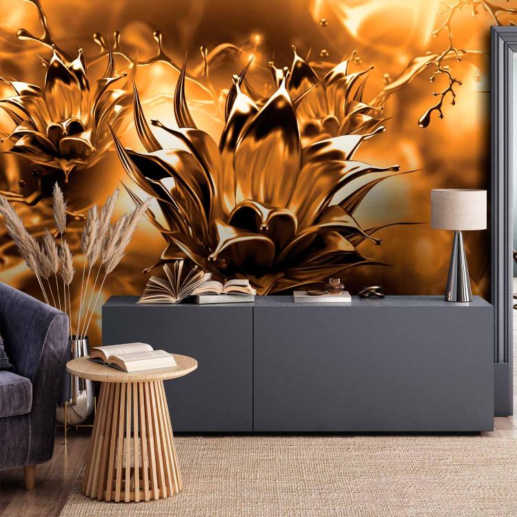 Wall Mural Orange flowers - an abstract composition on a golden liquid pane