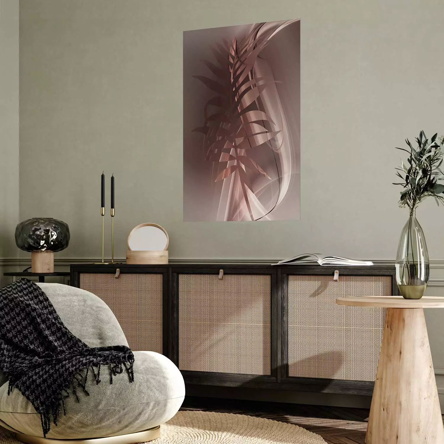 Poster Delicate Colors - brown leaf on a wave motif in an abstract design