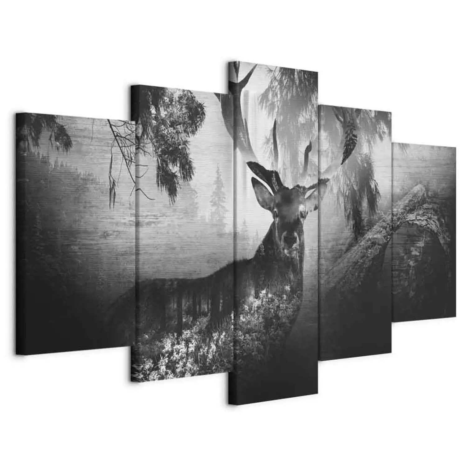 Canvas Art Print Black and white deer among trees - forest animal on black background