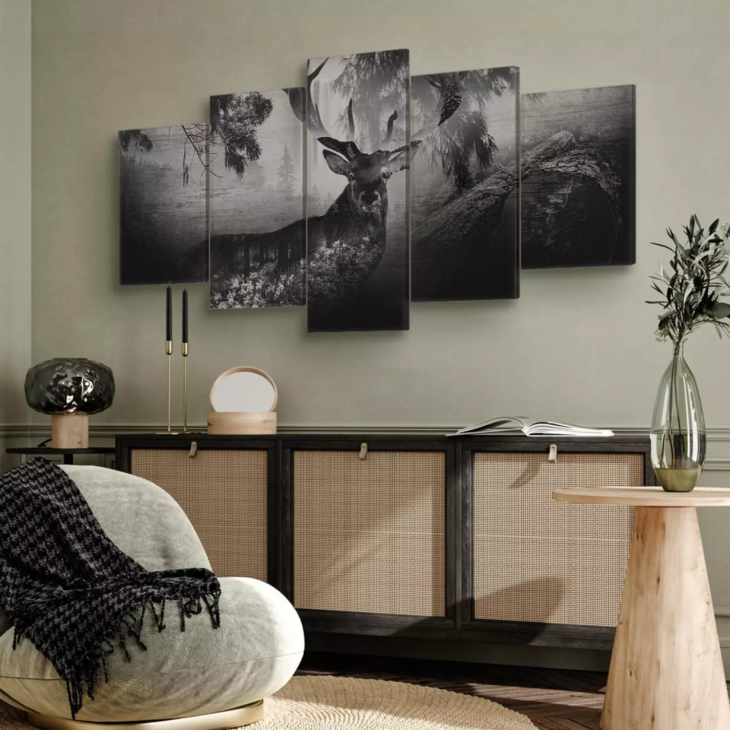 Canvas Art Print Black and white deer among trees - forest animal on black background