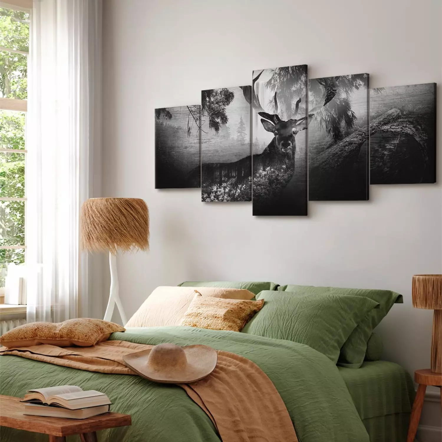 Canvas Art Print Black and white deer among trees - forest animal on black background