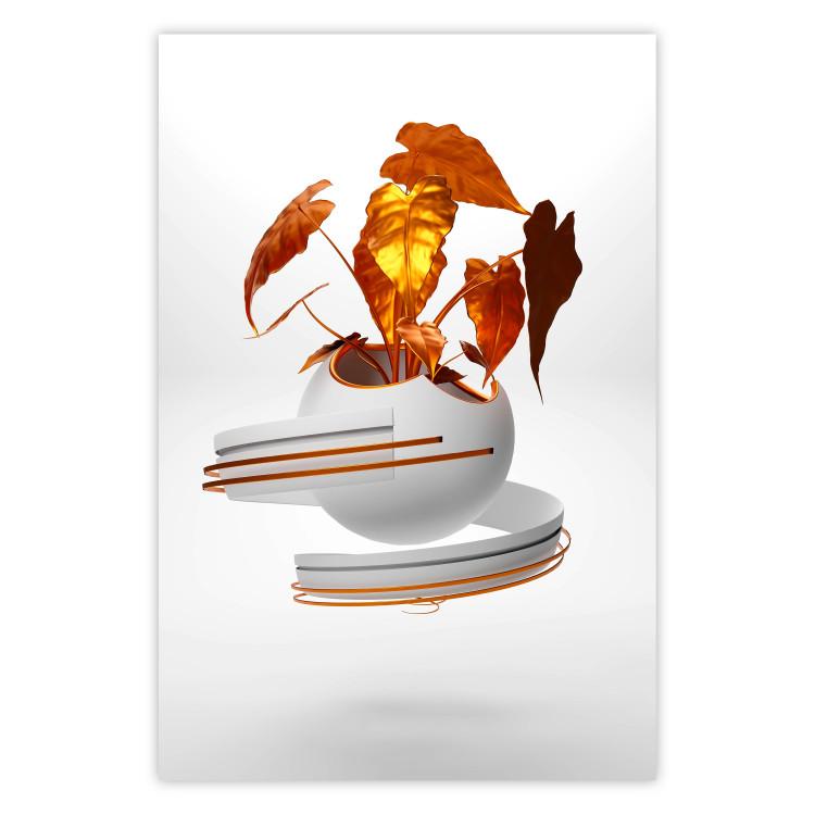 Poster Copper Leaves - abstract vase with golden leaves on a white background